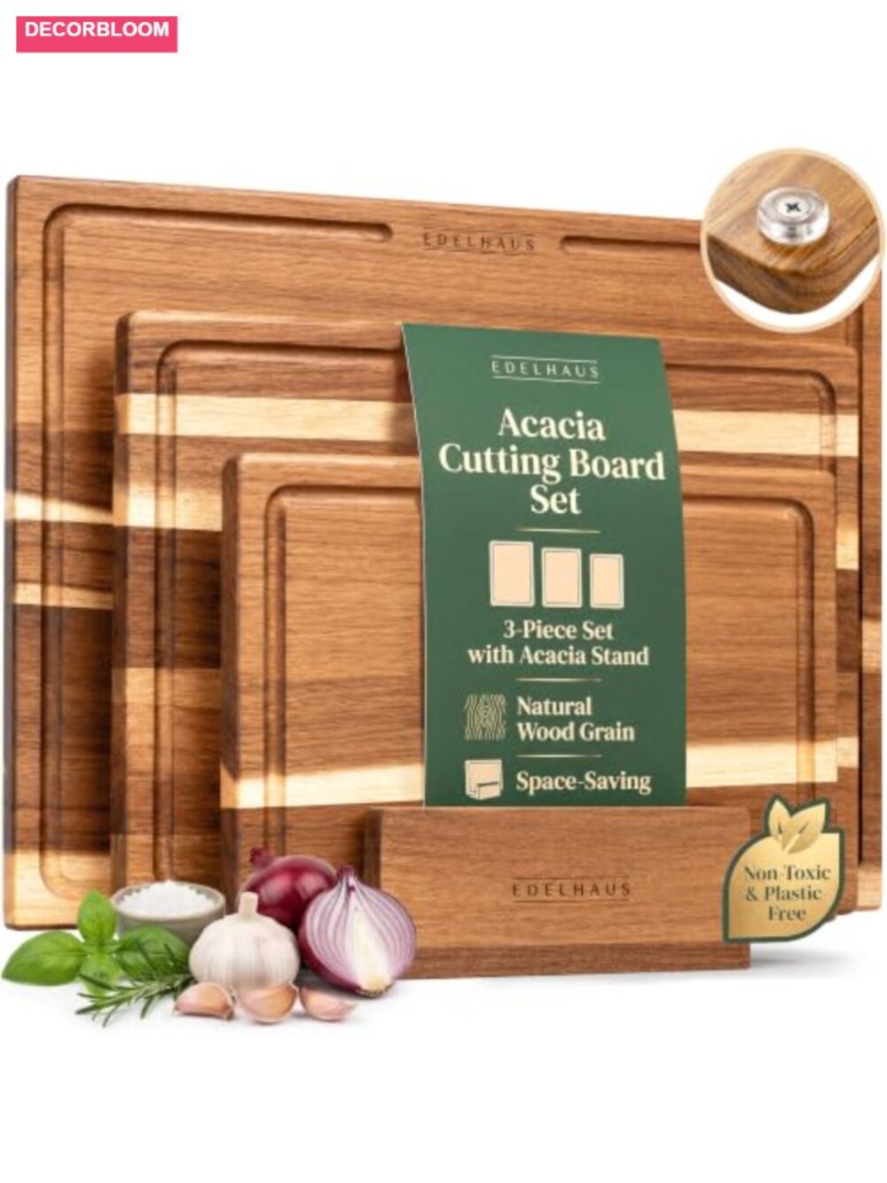 Acacia Wood Cutting Board Set of 3 with Juice Groove & Stand